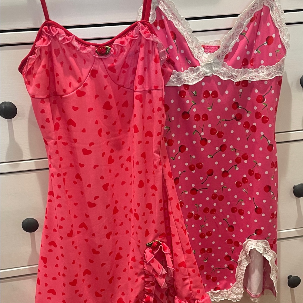 Pink Heart & Cherry Slip Dresses - Women's Intimates- Size Small- Set of 2